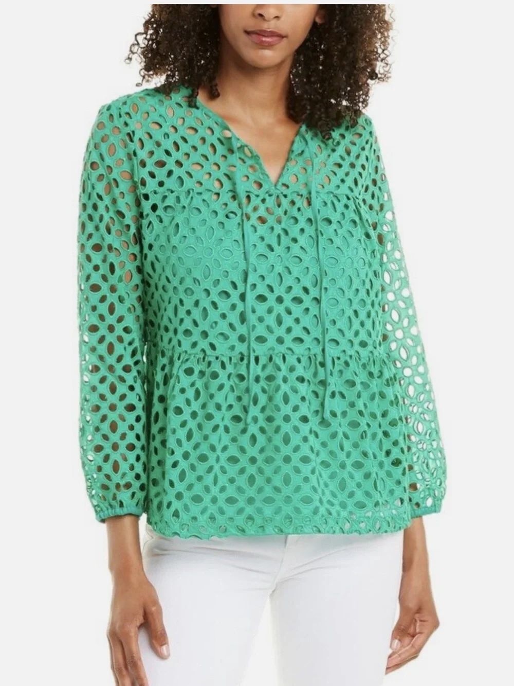 J.Crew Green Eyelet Lace Boho Peasant Blouse Cottagecore Resort Coastal Top M - Picture 13 of 13